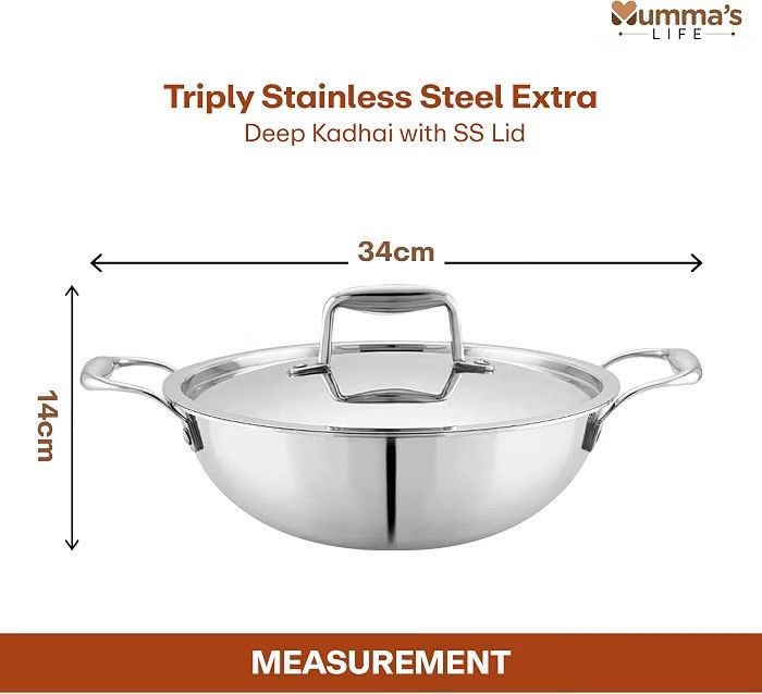 Mumma's LIFE Tri-Ply Stainless Steel Induction Compatible Extra Deep Kadai with Stainless Steel Lid, 26cm, 4.1 Liter, (Silver)