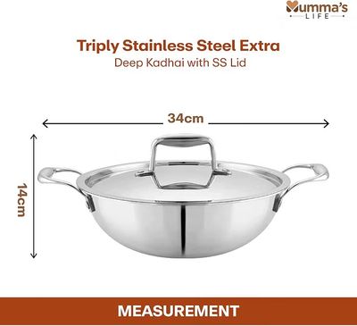 Mumma's LIFE Tri-Ply Stainless Steel Induction Compatible Extra Deep Kadai with Stainless Steel Lid, 26cm, 4.1 Liter, (Silver)