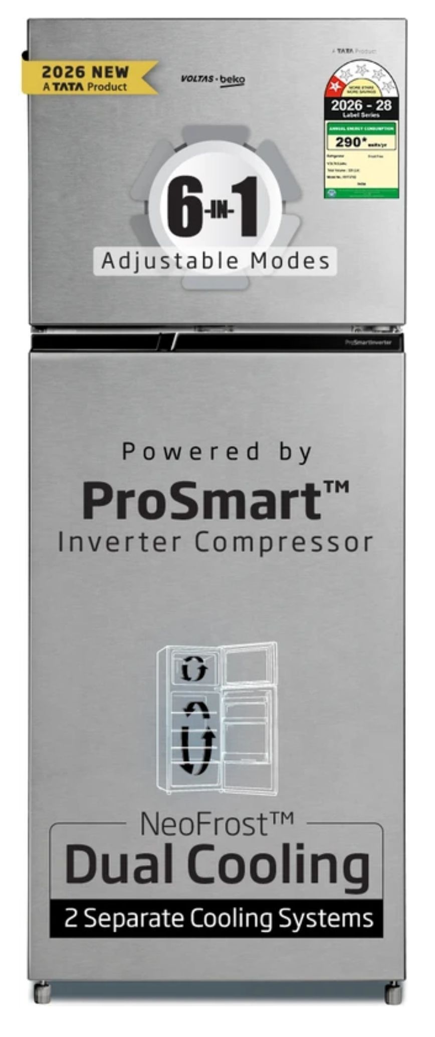 Voltas Beko 320 L Frost Free Double Door 2026 1 Star Refrigerator (Hairline Silver, RFF370D / 1WPV100RXIO)