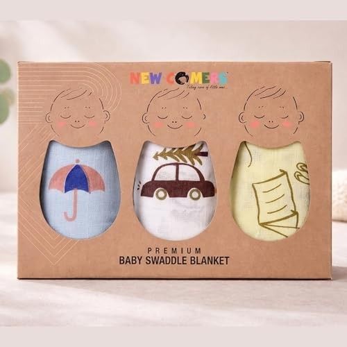 NEW COMERS® Cotton Muslin Baby Swaddle Set, Multicolor Printed Muslin Swaddle Wrap for New Born Baby, Soft Pure Cotton Sheet Baby Wrap Set, Baby Product (Swaddle_09)