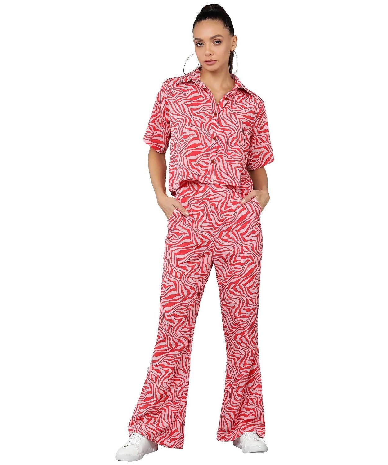SEREIN FashFun Clothing Women's Slim Fit Co-ord Set (Red Animal Printed Crepe Crop Shirt & Elasticated Waist Pant Set)