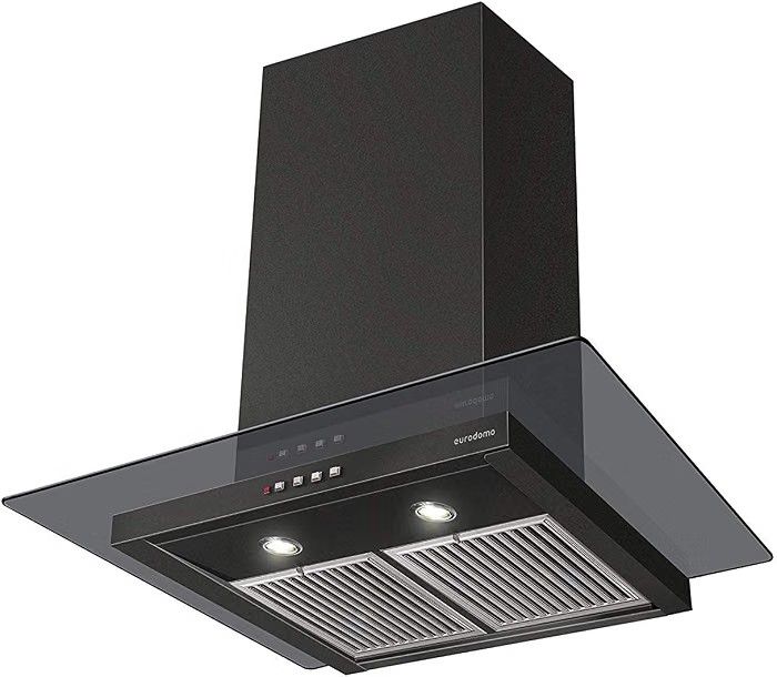 Eurodomo 60 cm 1200 m³/hr straight glass Kitchen Chimney (HOOD MARBLE PB BK 60 (EURODOMO), Baffle Filter, Black)