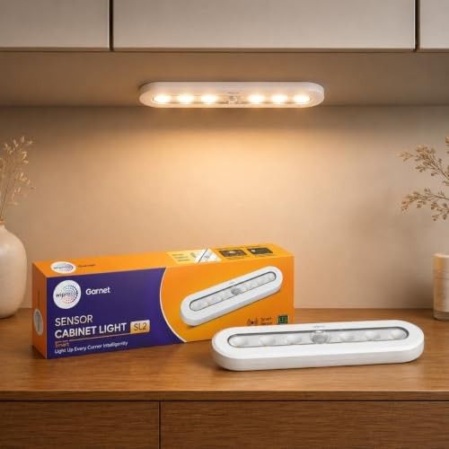 wipro Garnet Motion Sensor Cabinet Light SL2 | Neutral White | Auto On/Off Lights for Kitchen, Wardrobe & Shelf | Wireless | Magnetic Stick On | Battery Required Separately (4*AAA) | PK 1