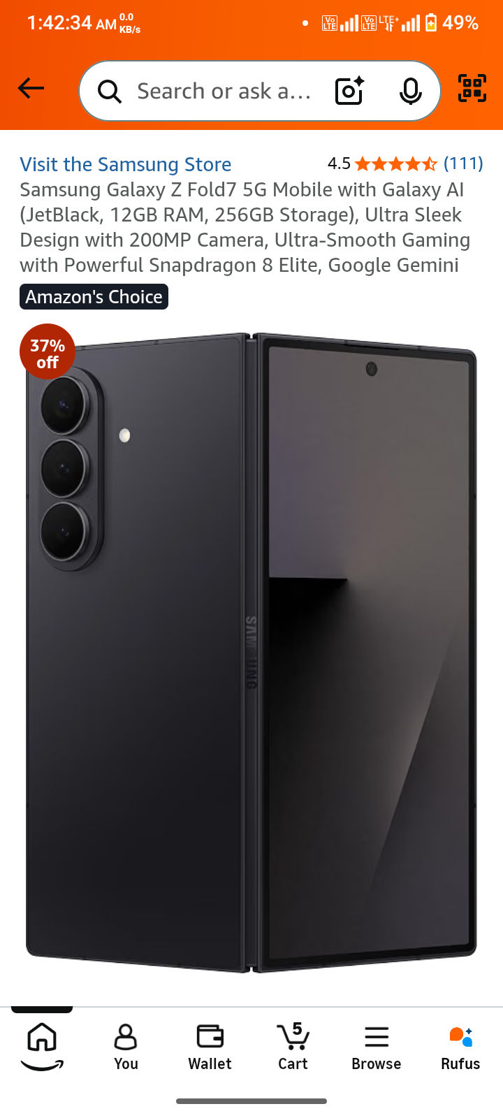 Samsung Galaxy Z Fold7 5G Mobile with Galaxy AI (JetBlack, 12GB RAM, 256GB