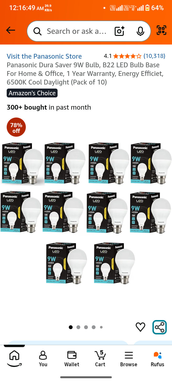 Panasonic Dura Saver 9W Bulb, B22 LED Bulb Base For Home & Office, 1 Year Warranty, Energy Efficiet, 6500K Cool Daylight (Pack of 10)