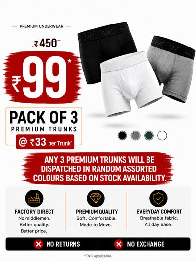 HOT DEAL - 3 Men's Premium Underwear Trunks for just ₹99*