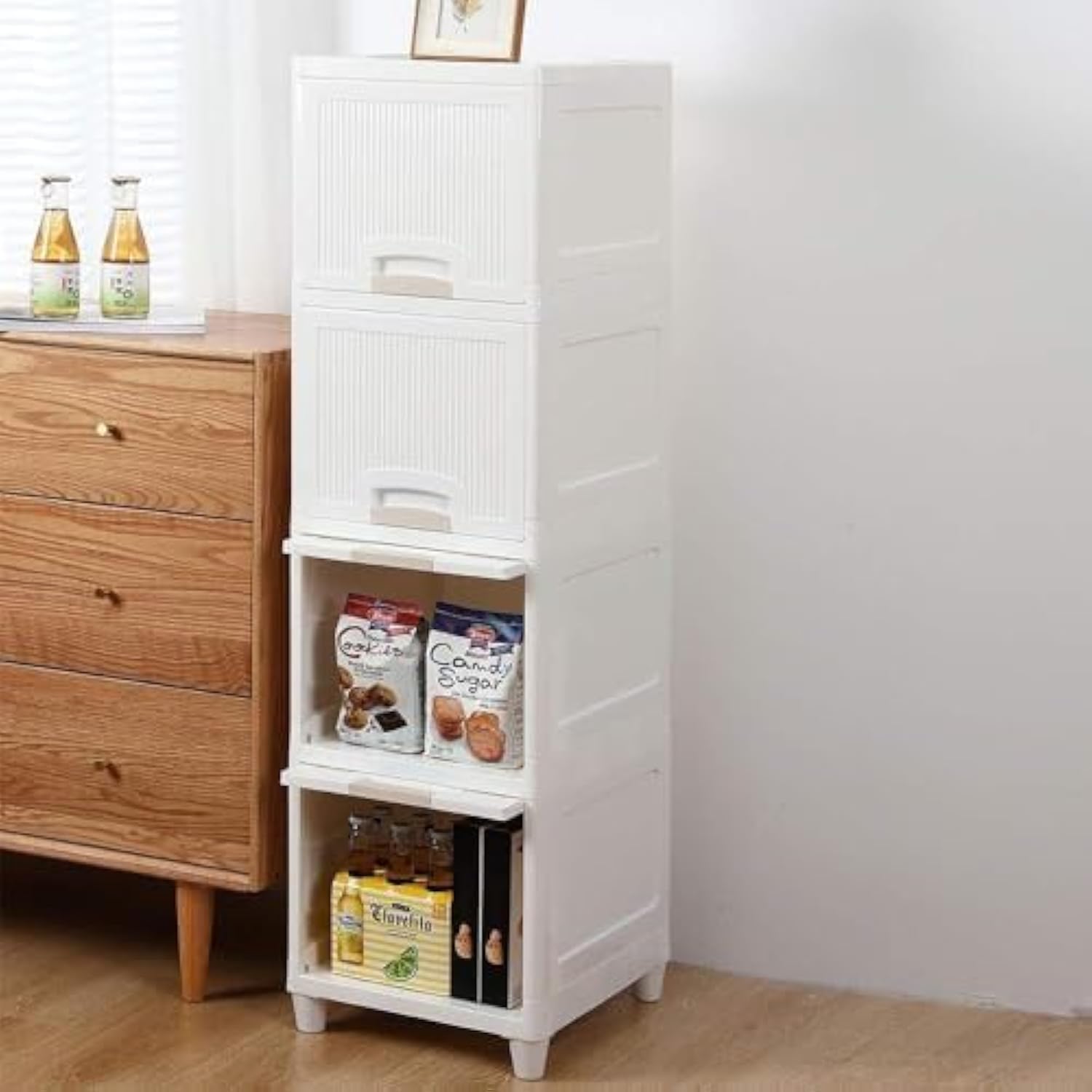E-COSMOS 4 Units Plastic Cupboard for Clothes Cabinet for Storage Foldable Wardrobe for Rack for Clothes Storage Cabinet Modular Drawer Storage Box,White