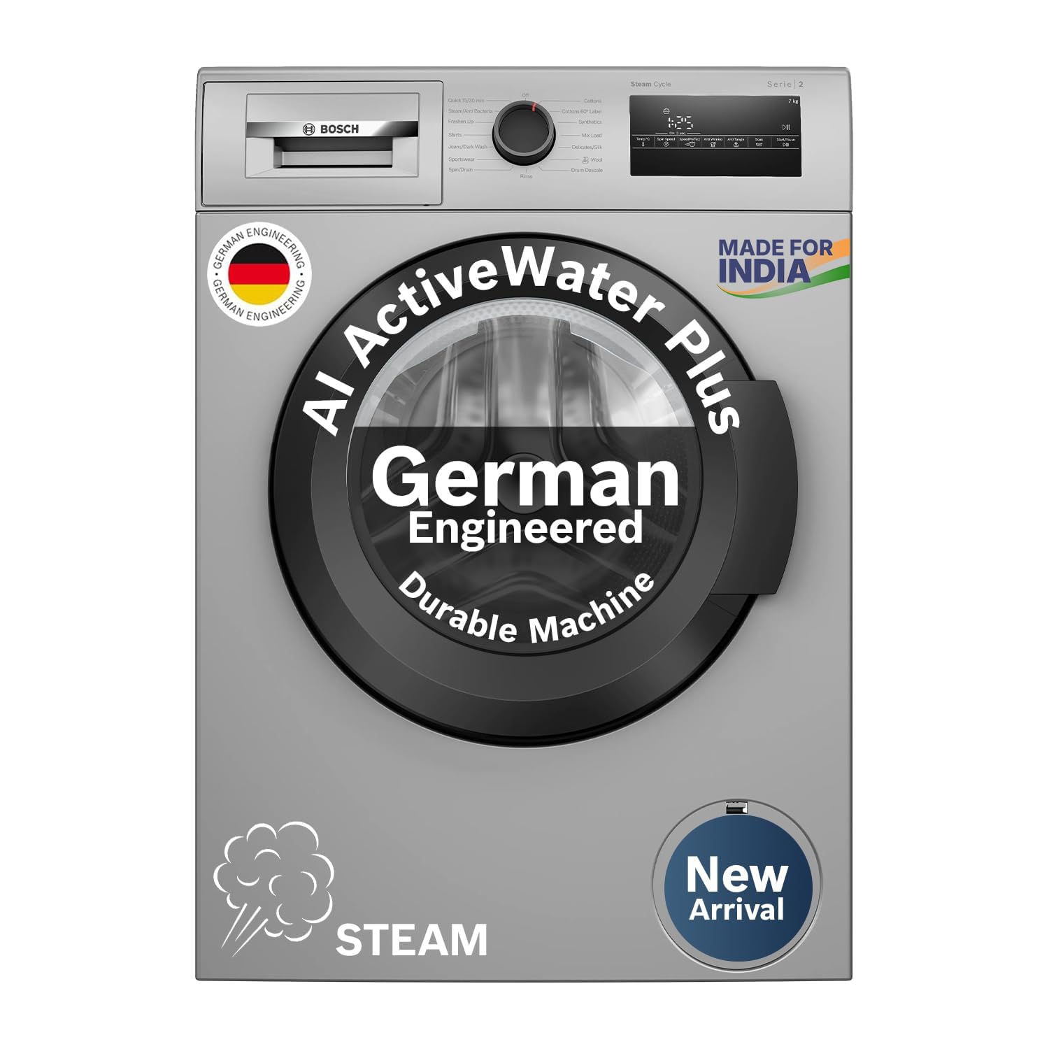 Bosch 7 kg 5 Star Front Load Fully-Automatic Washing Machine, Antibacterial Tech, AI ActiveWater, 15 Wash Programs, 53L Large Drum, SoftCare Paddle, Silver, WAJ24266IN (2026 Model