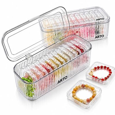 Arto 11 Piece Crystal Clear Ribbed Storage Box Set with Flip Lid - Transparent Dustproof Acrylic Organizer for Makeup Brushes Jewelry Bracelets Beads | Large + 10 Small Square Boxes