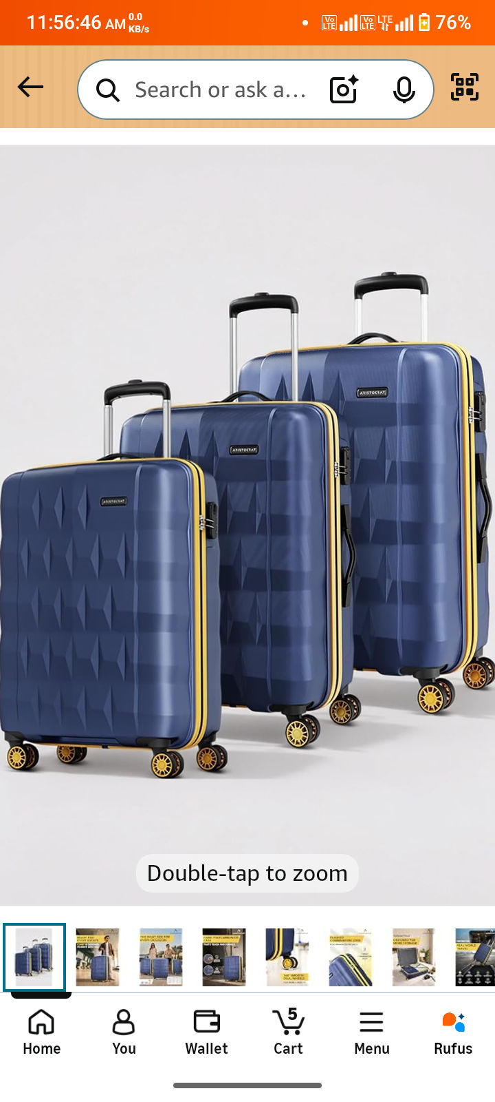 Aristocrat Comet Set of 3 (Cabin+Medium+Large) Hard Case Trolley Bags, Blue 8-Wheels, Durable Case, Spacious, Combination Lock, Sturdy Zipper, Lightweight Travel Luggage, 3-Year Global Warranty