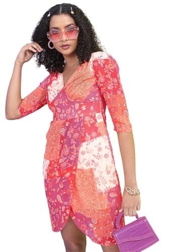 Tokyo Talkies Women's Short Sleeves Sweet Heart Neck Printed Dresse