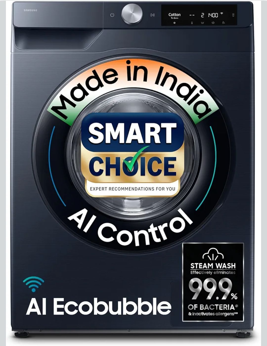 Samsung Smart Choice 9 kg, 5 Star, AI Control, AI Ecobubble, Super Speed, Wi-Fi, Hygiene Steam with Inbuilt Heater, Digital Inverter, Fully-Automatic Front Load Washing Machine (WW90DG6U24ASTL, NAVY)