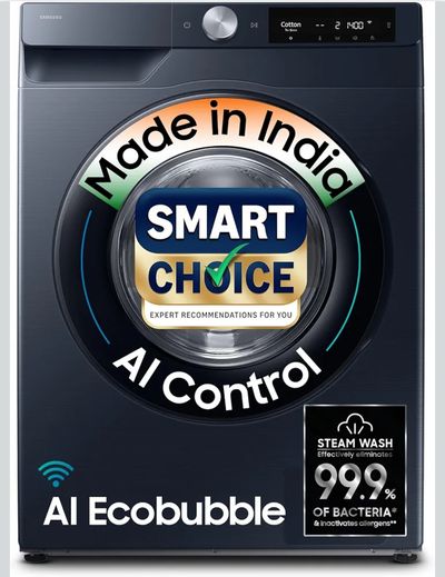Samsung Smart Choice 9 kg, 5 Star, AI Control, AI Ecobubble, Super Speed, Wi-Fi, Hygiene Steam with Inbuilt Heater, Digital Inverter, Fully-Automatic Front Load Washing Machine (WW90DG6U24ASTL, NAVY)