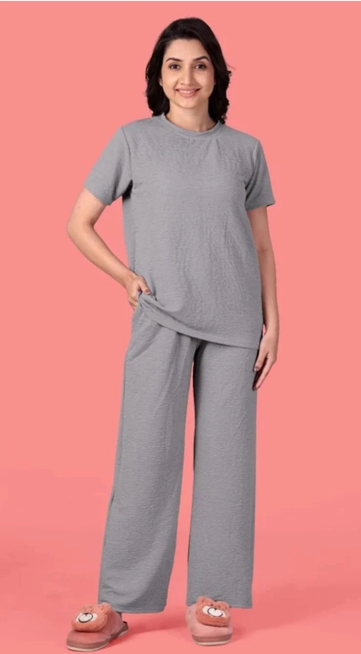 Metronaut Women Top & Pyjama Set Grey Solid