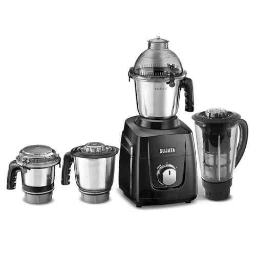 Sujata MG03 Mixer Grinder|1000 Watts Double Ball Bearing Motor Polycarbonate, 1500ml, 1000ml, 500ml Jar| (Black)