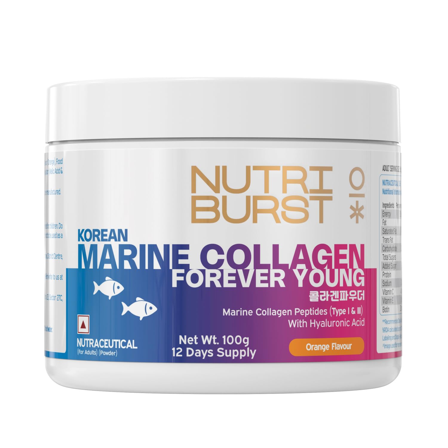 Nutriburst Korean Marine Collagen Powder | Marine Collagen Peptides (Type I & III) with Hyaluronic Acid | 8g High Absorption Collagen per Serving | Orange Flavour | For Skin, Hair, Nails & Joint Support | For Men and W