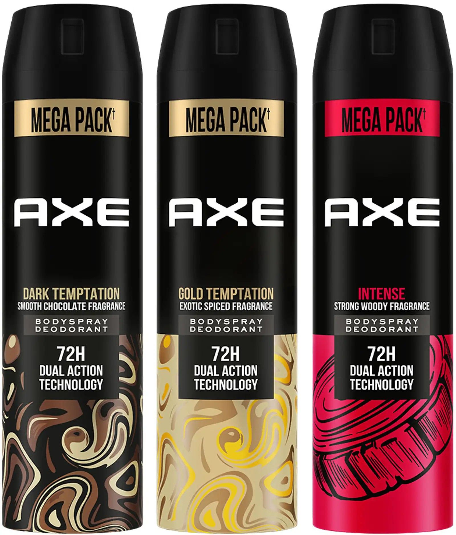 AXE Gold Temptation, Dark Temptation and Intense Deodorant Spray - For Men (645 ml, Pack of 3)