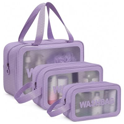 LUMONY® Makeup Pouch Bag PVC Travel Toiletries Organizer Cosmetic Bags Wash Bag Pouch for Travel Kit Toiletry Bag Portable Organizer Case Carry Pouch for Women Bathroom Set of 3 (Purple-Colors)