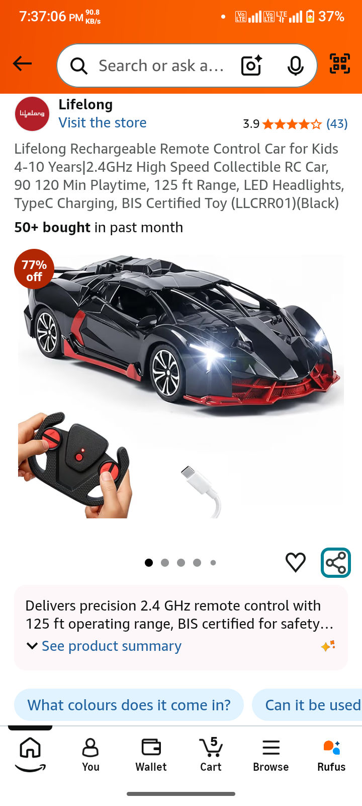 Lifelong Rechargeable Remote Control Car for Kids 4-10 Years|2.4GHz High Speed Collectible RC Car, 90 120 Min Playtime, 125 ft Range, LED Headlights, TypeC Charging, BIS Certified Toy (LLCRR01)(Black