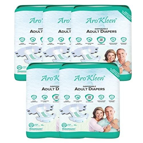 Arokleen ISI Certified Adult Diapers Tape Style | Large (L) | 50 Count | Waist 40-59 Inch (102-150 cm) | All Night Protection | Unisex, High Absorbency, Leak Proof, Wetness Indicator, Pack of 5