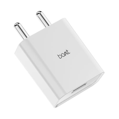 boAt 12W Charger Adapter for Fast Charging, USB-A Port; Compact & Lightweight, Scratch Resistant, Smart IC Protection; Supports iPhone 17/16/15/14/Pro/Max; Samsung; Pixel; Android (Crystal White)