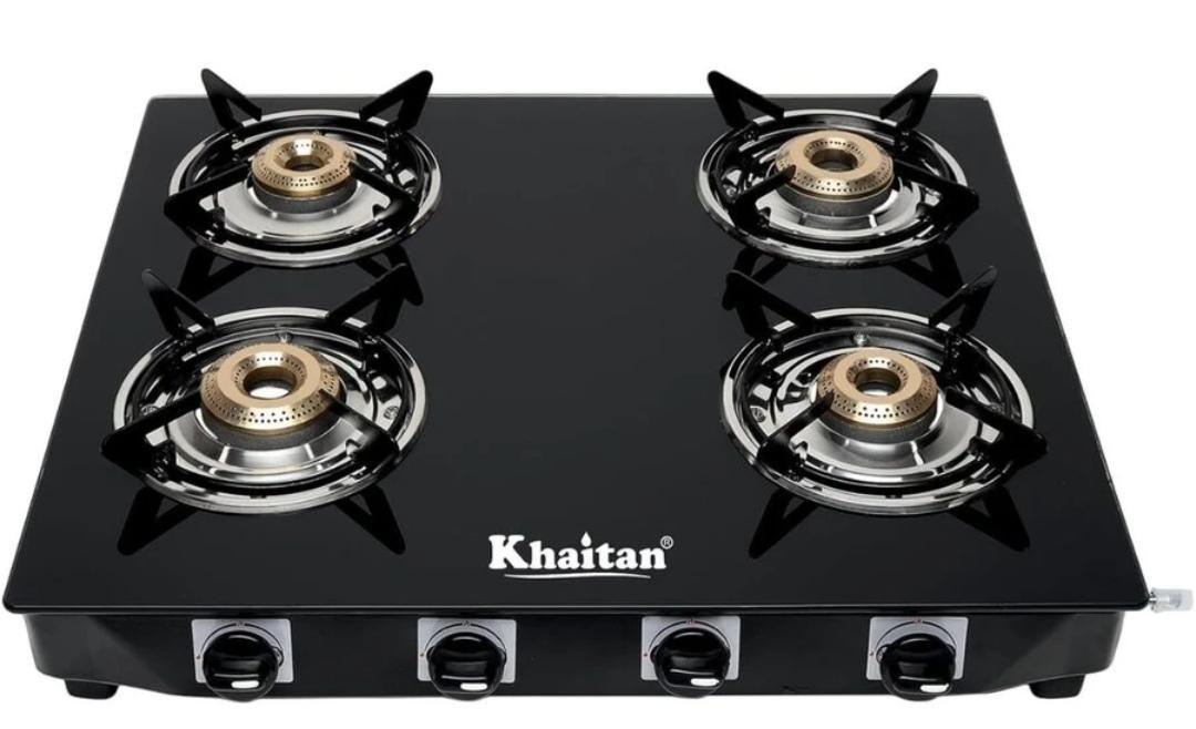 Khaitan 4 Burner Active Forged Black Toughened Glass Manual Gas Stove