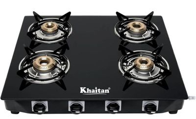 Khaitan 4 Burner Active Forged Black Toughened Glass Manual Gas Stove
