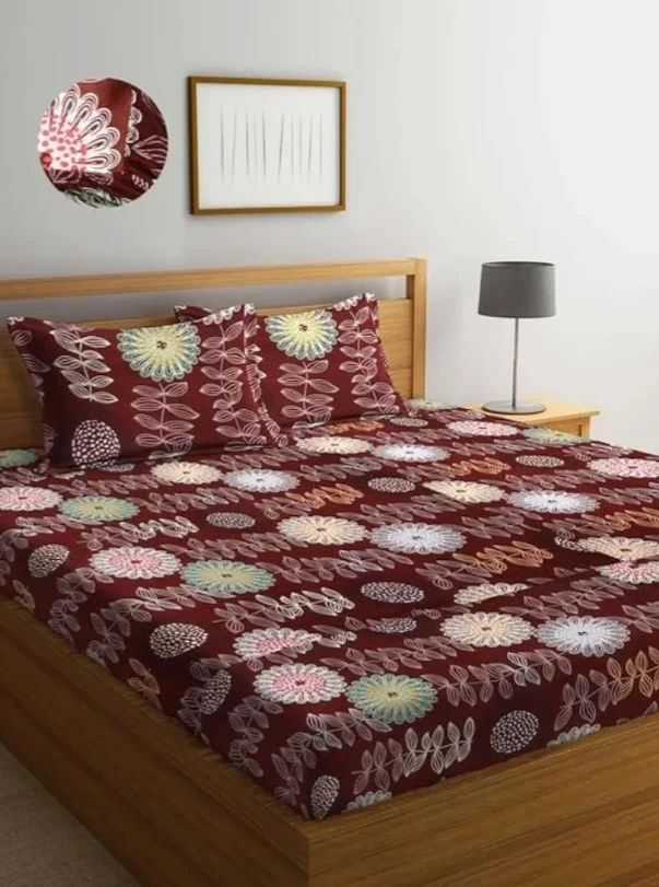 DECOMIZER Cotton Feel Glace Cotton Elastic Fitted Printed Queen Size Double Bed Bedsheet with 2 Pillow Cover Fits Upto 8 inches Mattress,Size- 60x78x10 Inches,Circle Flower Brown,300TC