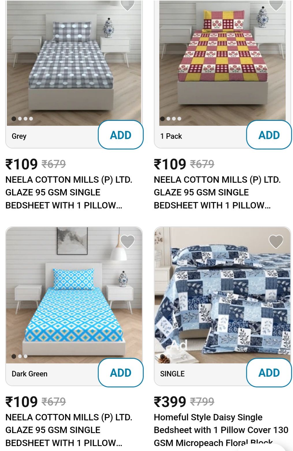 Neela cotton pills bedsheet at 109 rs. single and double