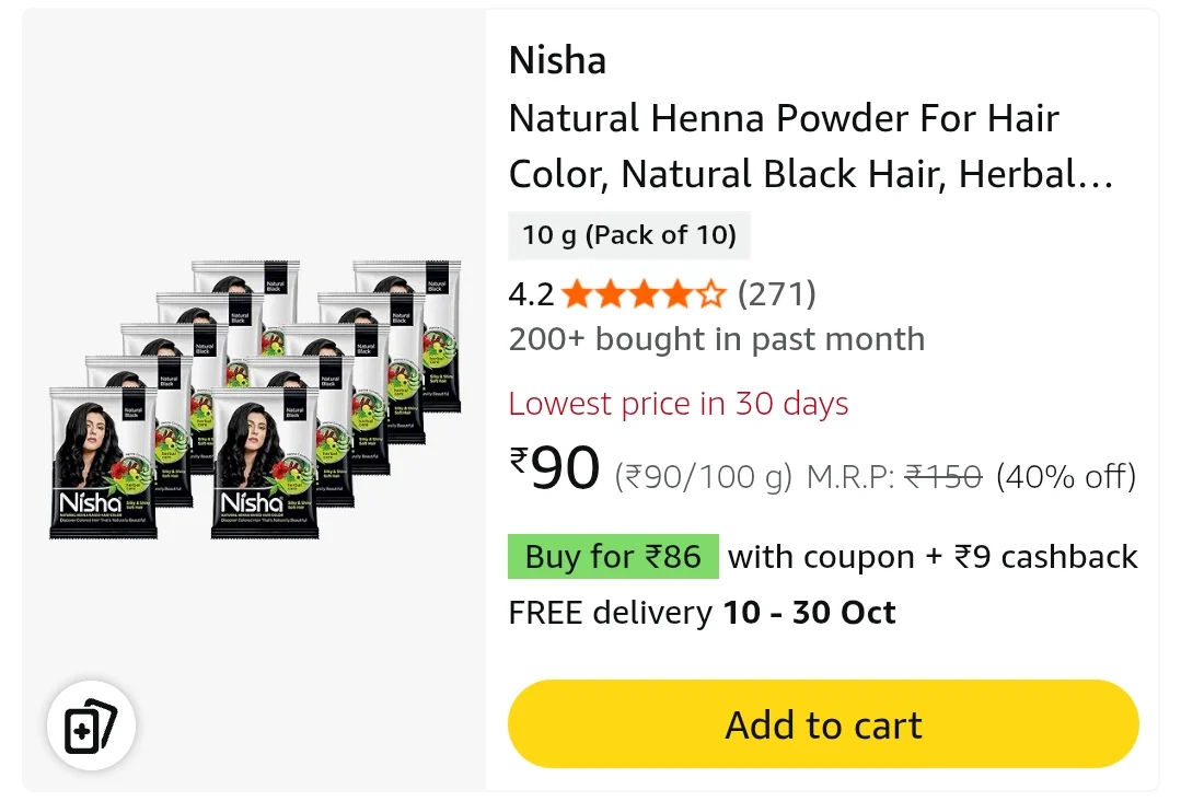 Nisha Natural Henna Powder For Hair Color, Natural Black Hair, Herbal Conditioning Hair Dye for Silky & Shiny Soft Hair Colour for Men & Women
