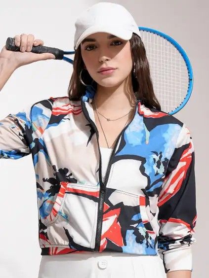 Tokyo Talkies Women's Printed Checkered Zip-Up Casual Jacket (Grey)