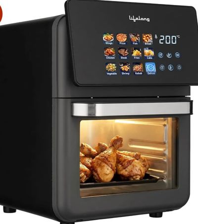 Lifelong Air Fryer Oven 10L, 1350W, Black and Grey, with 12 Preset Modes, Rapid Air Technology, and Nonstick Easy Clean Design