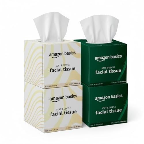 Amazon brand- Amazon Basics 2-Ply Facial Tissue paper 320 pulls | 80 pulls x Pack of 4| Soft & Gentle| Chemical-Free