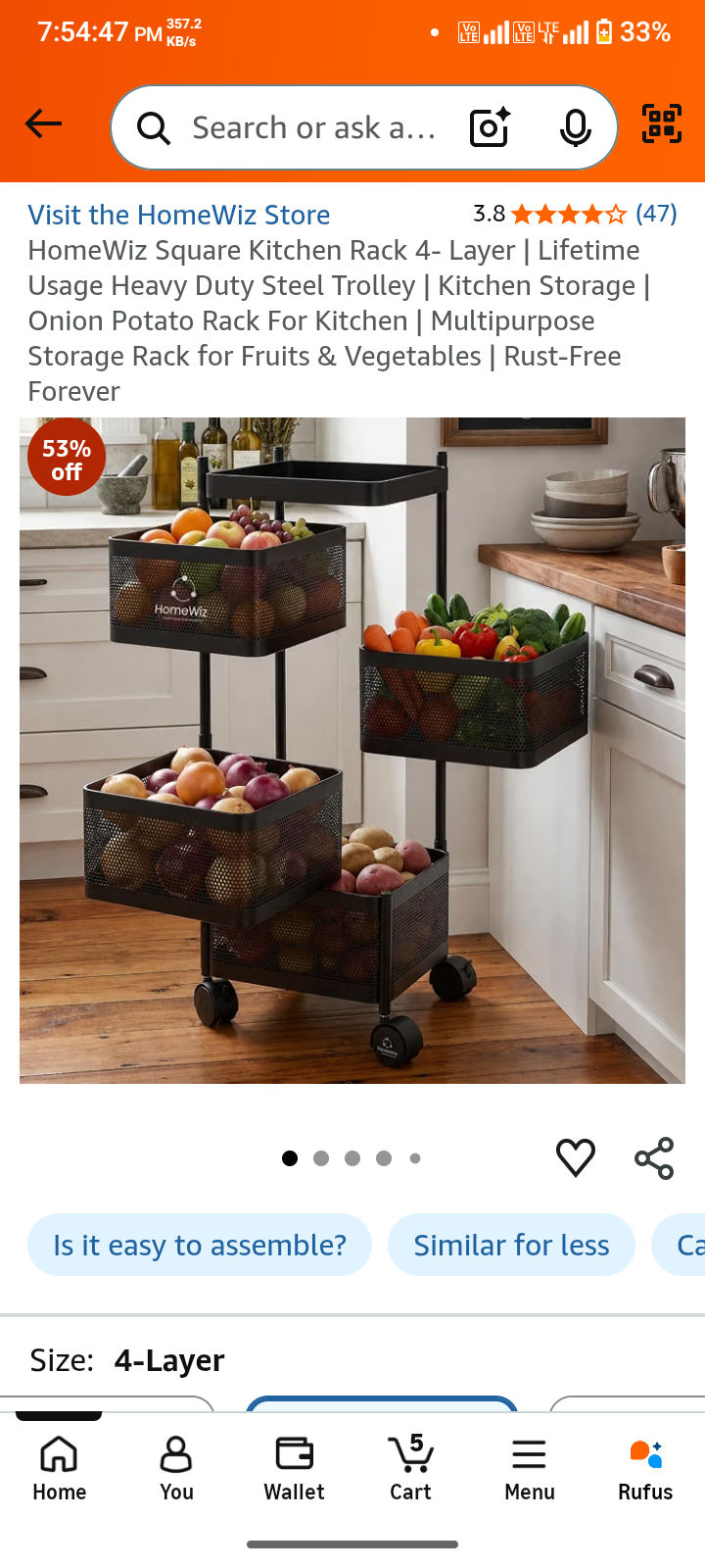 HomeWiz Square Kitchen Rack 4- Layer | Lifetime Usage Heavy Duty Steel Trolley | Kitchen Storage | Onion Potato Rack For Kitchen | Multipurpose Storage Rack for Fruits & Vegetables | Rust-Free Forever