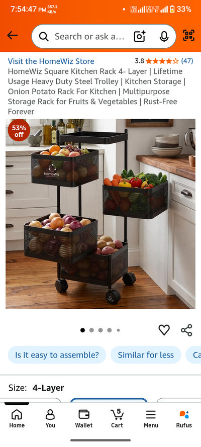 HomeWiz Square Kitchen Rack 4- Layer | Lifetime Usage Heavy Duty Steel Trolley | Kitchen Storage | Onion Potato Rack For Kitchen | Multipurpose Storage Rack for Fruits & Vegetables | Rust-Free Forever