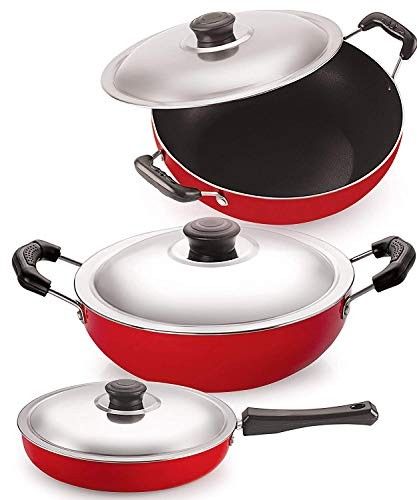 Nirlon Non Stick 3 Piece Combo Cookware Set Aluminium Red & Black