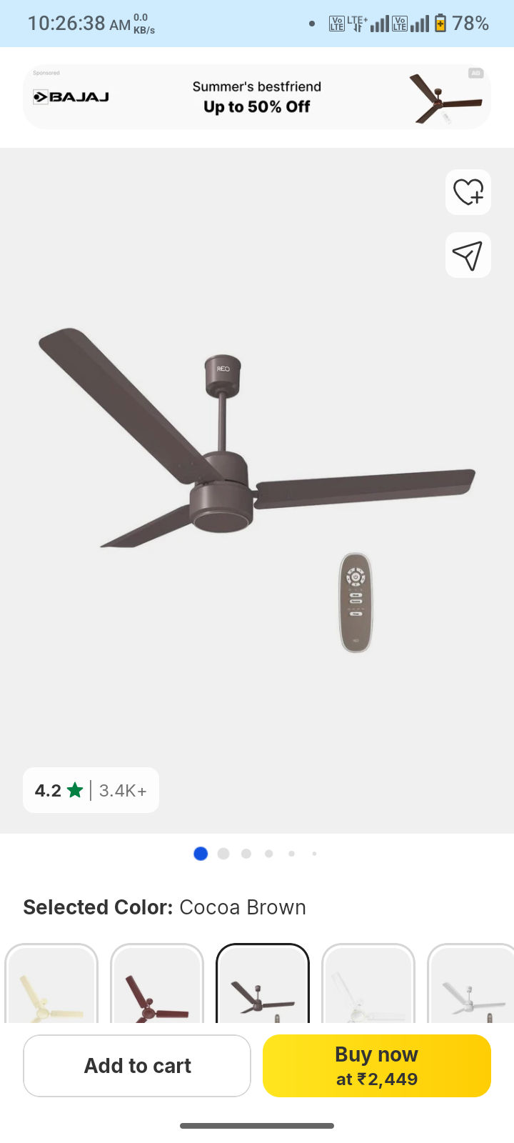 Havells BLDC Motor 1200 mm Ceiling Fan