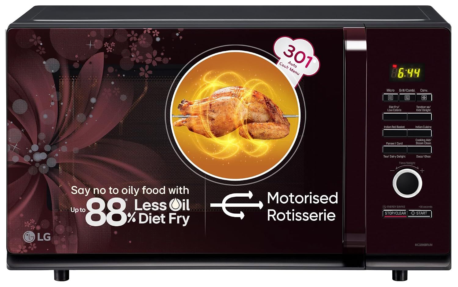 LG 32 L Convection Microwave Oven (MC3286BRUM, Black, 360° Motorised Rotisserie for Bar-be-queing, 301 Auto Cook Menu, Stainless steel cavity, Indian Cuisine, Tandoor Se, Steam Clean & Diet Fry)