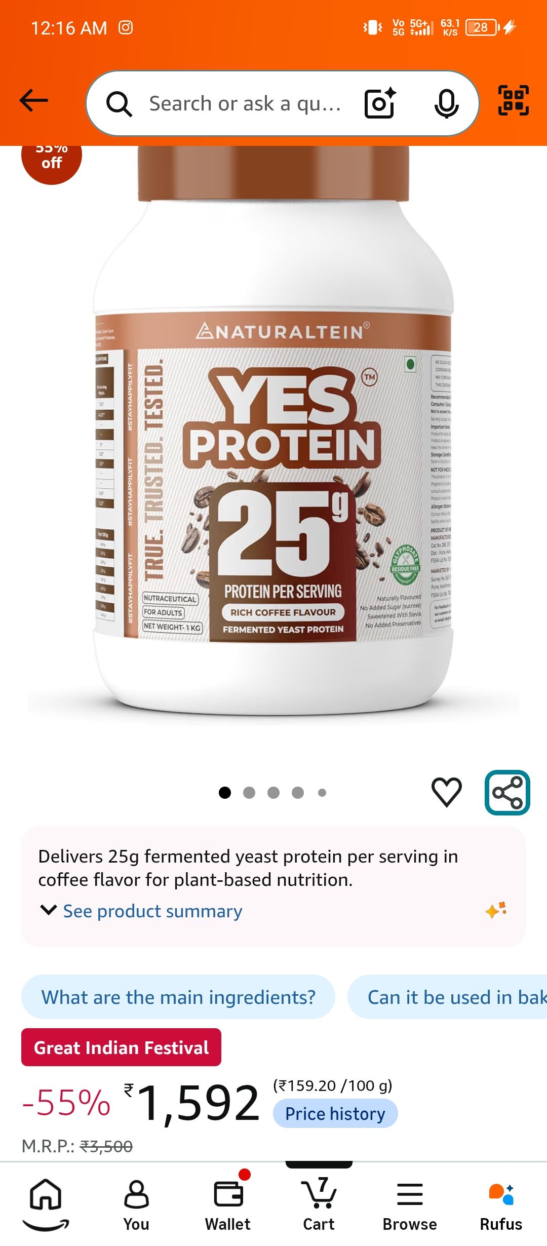NATURALTEIN Fermented Yeast Protein Powder | 25g Protein Per Scoop | ₹1500/KG