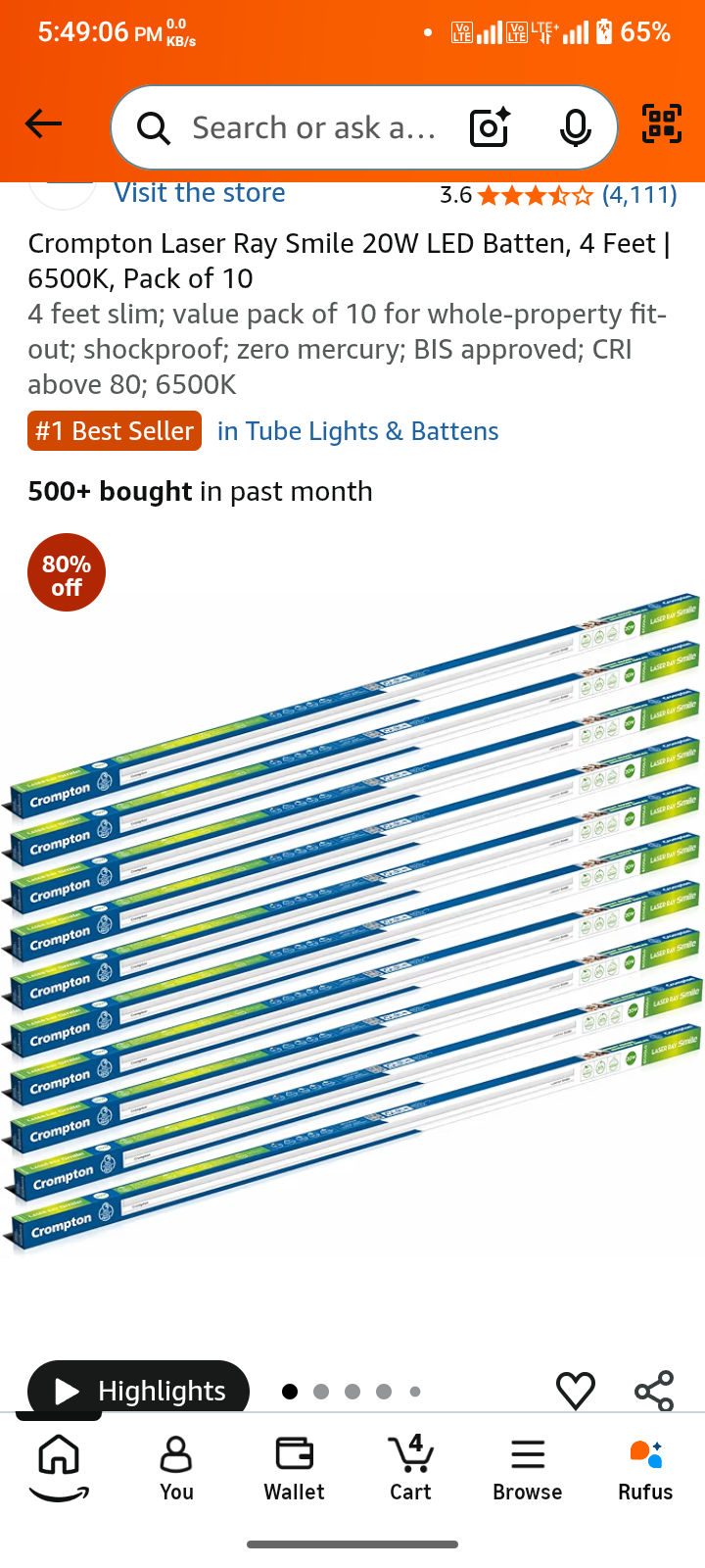 Crompton Laser Ray Smile 20W LED Batten, 4 Feet | 6500K, Pack of 10