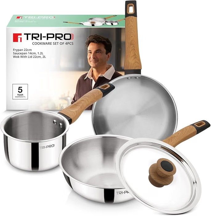 Bergner Tripro Triply 4 Pcs Cookware Set - Frypan 22cm, Saucepan 14cm (1.2L), Wok with Stainless Steel Lid 22cm (2L)