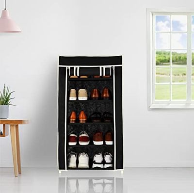 Amazon Brand - Solimo Foldable Shoe Rack, 5 Layer, Black, Premium, Alloy Steel, Plastic