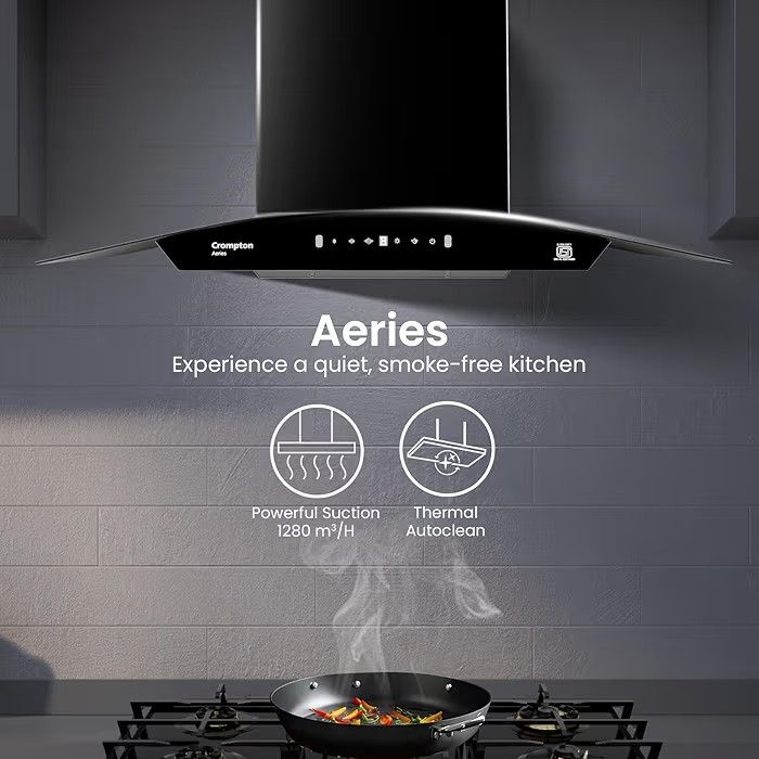 Crompton Aeries Curved 75cm 1280m3/hr Kitchen Curved Chimney| Filterless Thermal Autoclean| Gesture Control| Built In Oil Collector