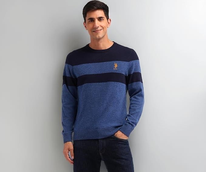 U.S. Polo ASSN. Mens Blue Colour Blocked Crewneck Longsleeve Casual Wool RegularFit Sweater