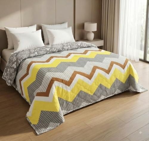 IVAZA UltraSonic Quilted 120 GSM Microfibre Reversible Double Bed Printed Comforter/Quilt/AC Blanket/Dohar Breathable Cozy Super Soft Yellow Zig Zag