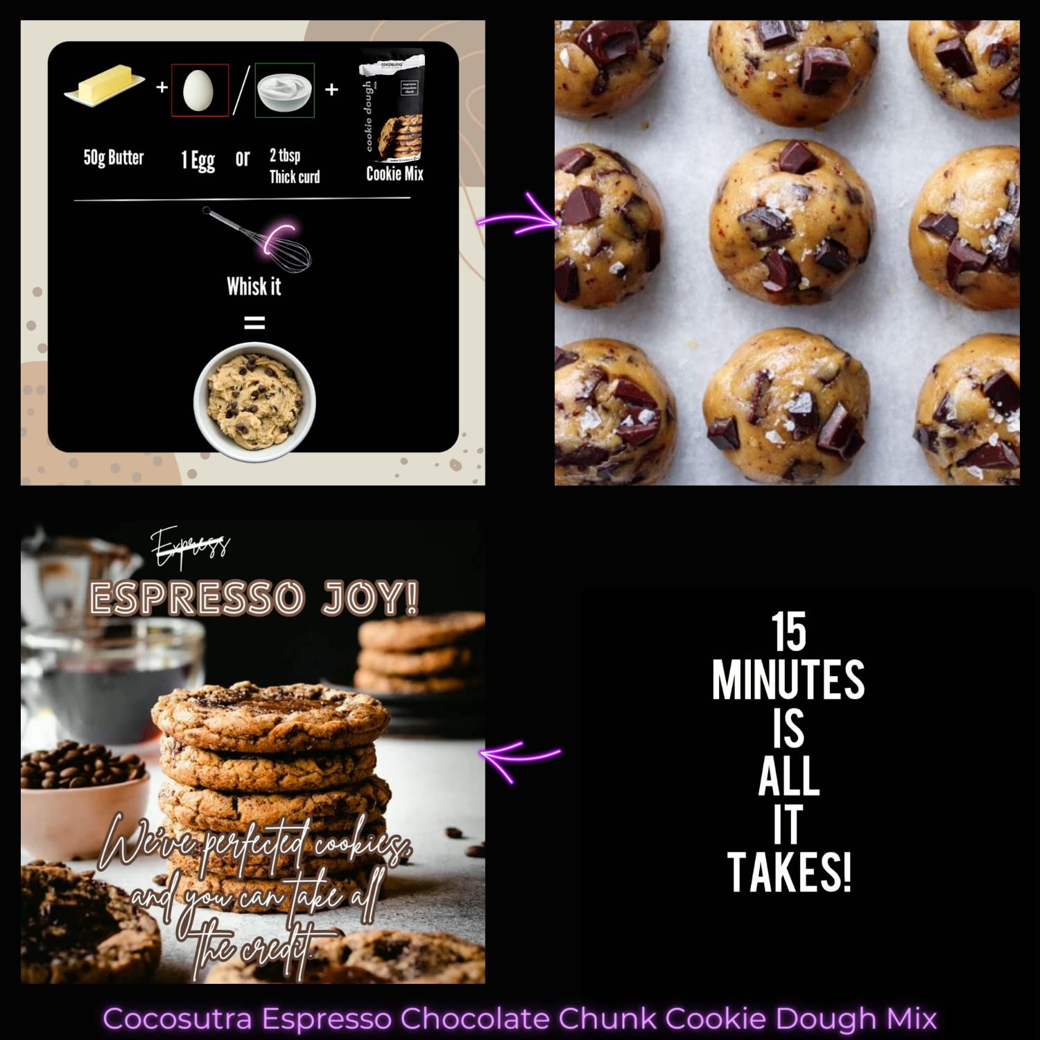 COCOSUTRA Cookie Dough Mix Pack of 4 | Cookie Monster Bundle | 100% Natural & Vegan | 3 Easy Steps for Perfect Cookies - Mix, Scoop & Bake
