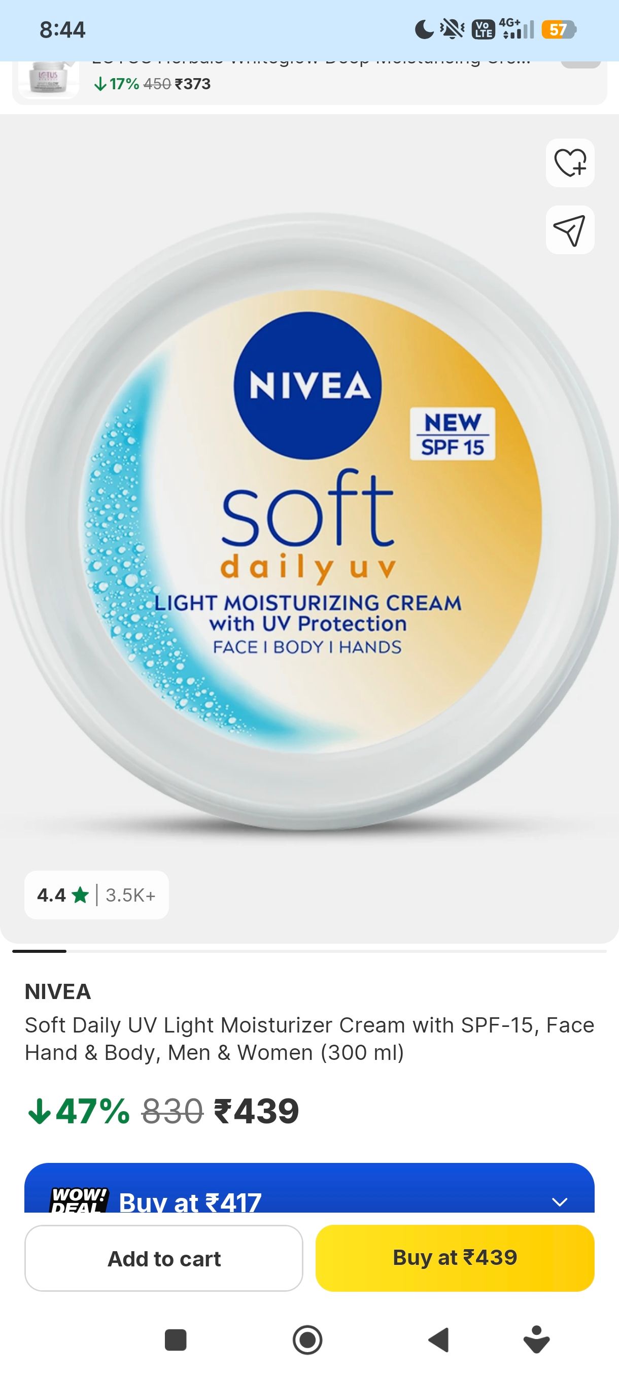 MRP error:₹350 Soft Daily UV Light Moisturizer Cream with SPF-15, Face Hand & Body, Men & Women (300 ml