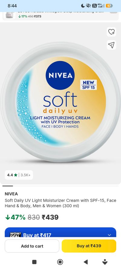 MRP error:₹350 Soft Daily UV Light Moisturizer Cream with SPF-15, Face Hand & Body, Men & Women (300 ml