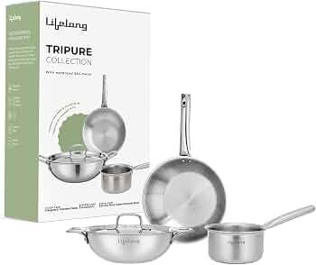 ₹700 coupon: Lifelong Triply 4-piece cookware Set|Kadai,Frypan & Saucepan|Stainless Steel 22 cm Kadai & Fry Pan22 cm with Stainless Steel Lid|16 cm Sauce Pan|Induction Bottom & Gas Stove Cookware(Silver)