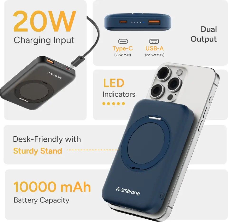 Ambrane 10000 mAh 22.5 W Wired & Wireless With MagSafe Compact Pocket Size Power Bank (Black, Lithium Polymer